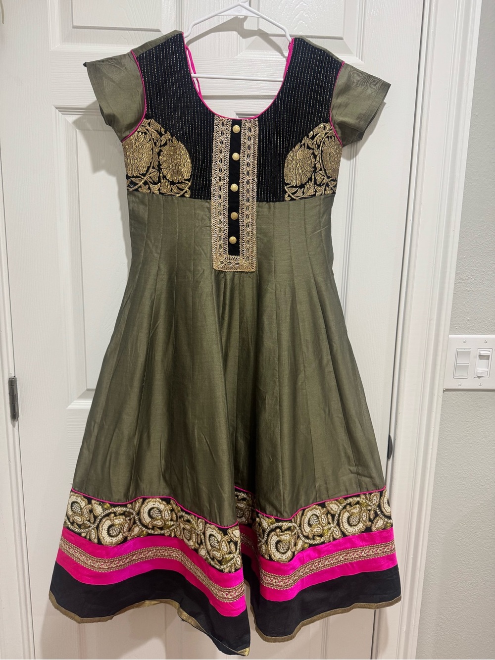 Petite women’s Olive Green & Black Embroidered Anarkali Dress with Pink Trim